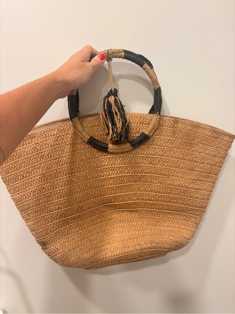 Woven Straw Tote Bag with Black Accent Handles